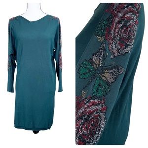 Kazee Gold Label Green Floral Crystal Beads Dress